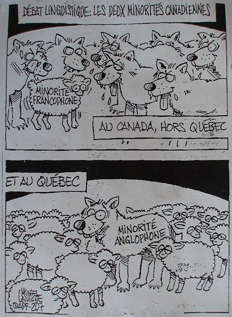 Caricature sur le débat linguistique au Québec et au Canada